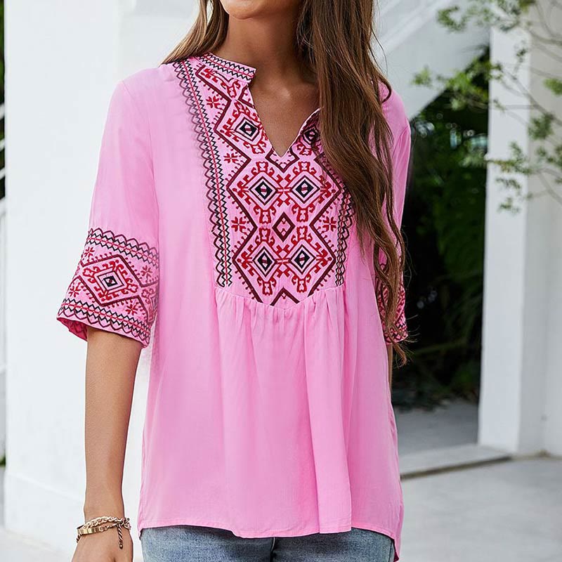 Nimara Ritual Summer Boho Embroidery Floral Pattern Half Sleeve V-neck Cotton Women's T-Shirt