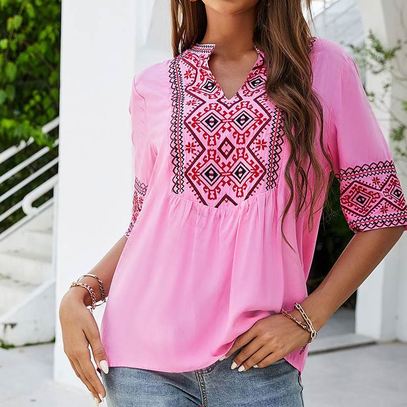 Nimara Ritual Summer Boho Embroidery Floral Pattern Half Sleeve V-neck Cotton Women's T-Shirt