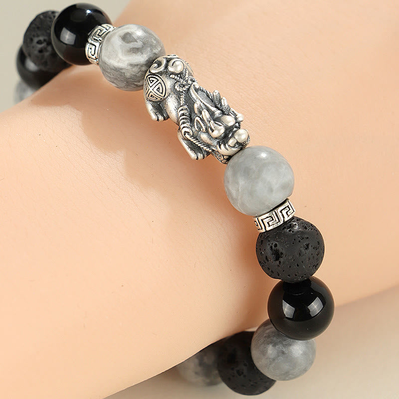 Nimara Ritual 999 Sterling Silver PiXiu Black Onyx Grey Jasper Lava Rock Protection Bracelet