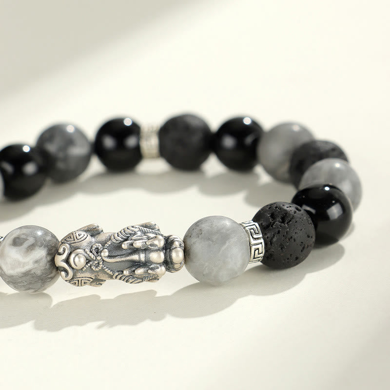 Nimara Ritual 999 Sterling Silver PiXiu Black Onyx Grey Jasper Lava Rock Protection Bracelet