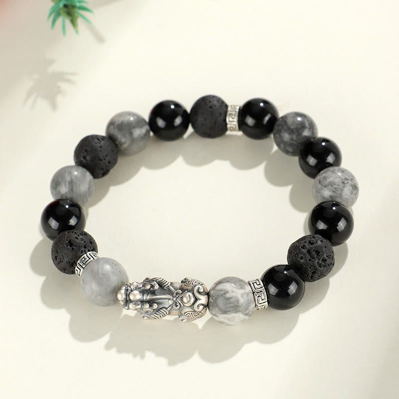 Nimara Ritual 999 Sterling Silver PiXiu Black Onyx Grey Jasper Lava Rock Protection Bracelet