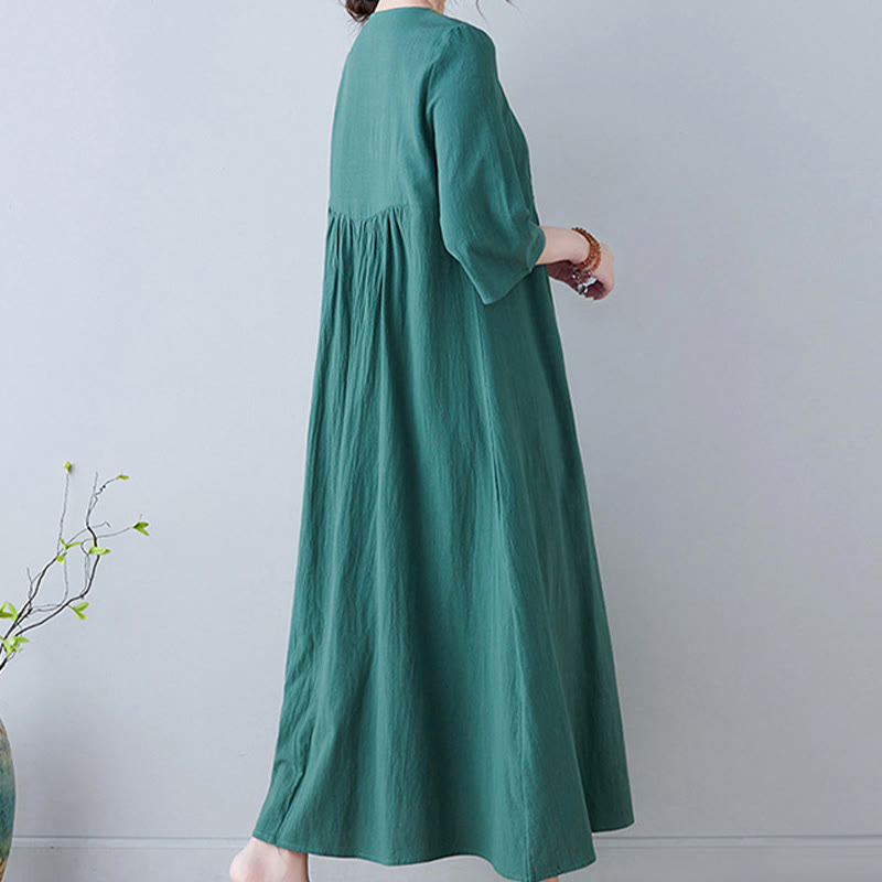 Nimara Ritual Casual Bohemia Embroidery Floral Simple Design Three Quarter Sleeve V-Neck Cotton Linen Maxi Dress