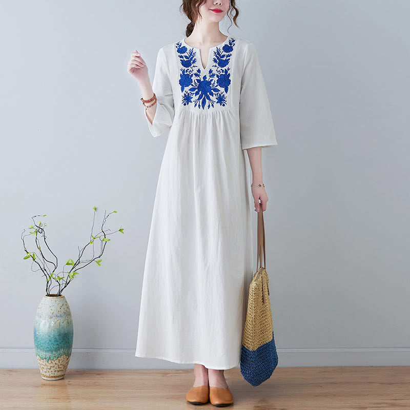 Nimara Ritual Casual Bohemia Embroidery Floral Simple Design Three Quarter Sleeve V-Neck Cotton Linen Maxi Dress