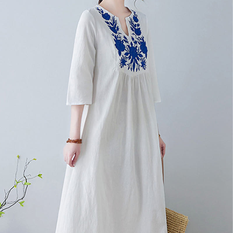 Nimara Ritual Casual Bohemia Embroidery Floral Simple Design Three Quarter Sleeve V-Neck Cotton Linen Maxi Dress