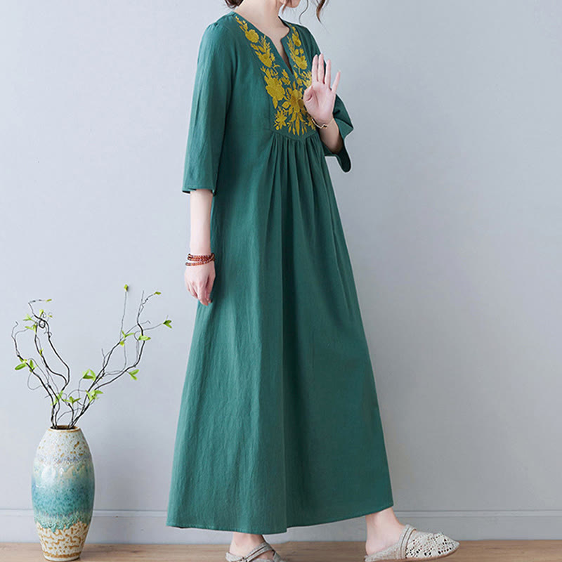 Nimara Ritual Casual Bohemia Embroidery Floral Simple Design Three Quarter Sleeve V-Neck Cotton Linen Maxi Dress