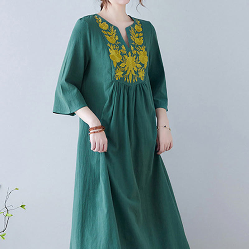 Nimara Ritual Casual Bohemia Embroidery Floral Simple Design Three Quarter Sleeve V-Neck Cotton Linen Maxi Dress