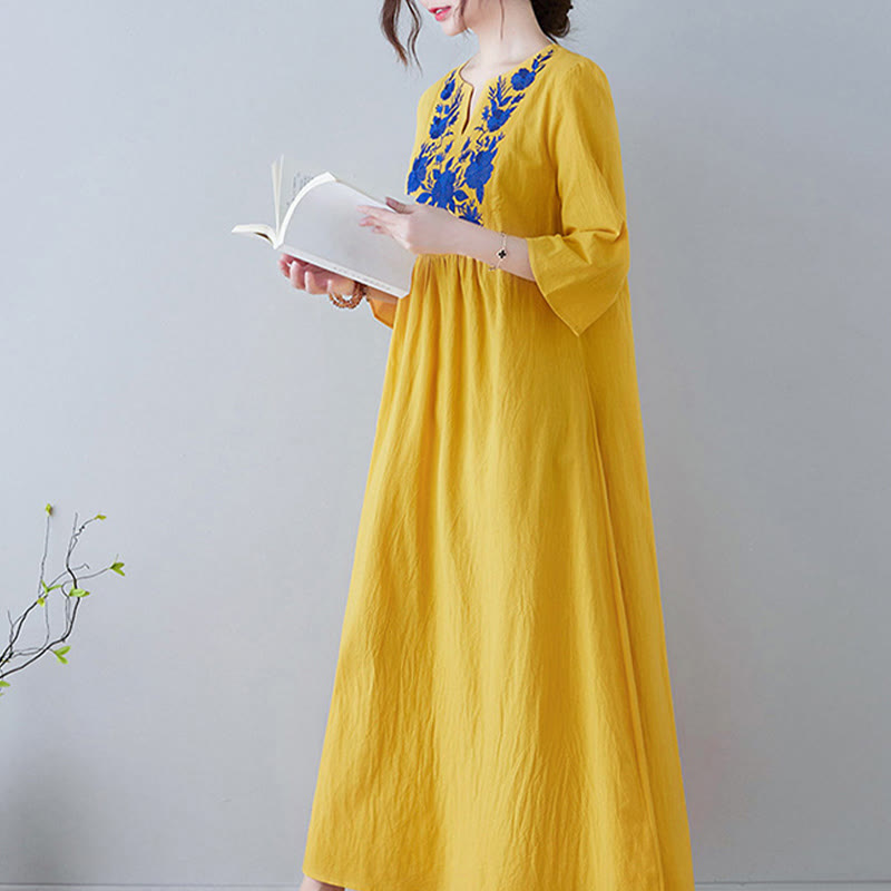 Nimara Ritual Casual Bohemia Embroidery Floral Simple Design Three Quarter Sleeve V-Neck Cotton Linen Maxi Dress