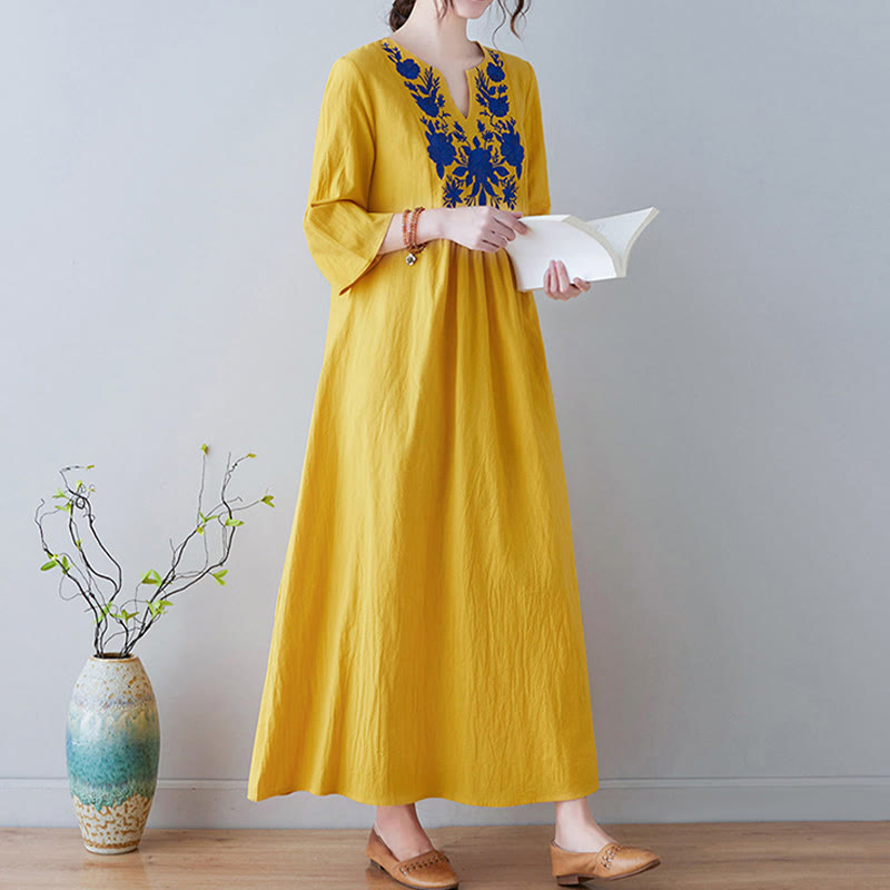 Nimara Ritual Casual Bohemia Embroidery Floral Simple Design Three Quarter Sleeve V-Neck Cotton Linen Maxi Dress