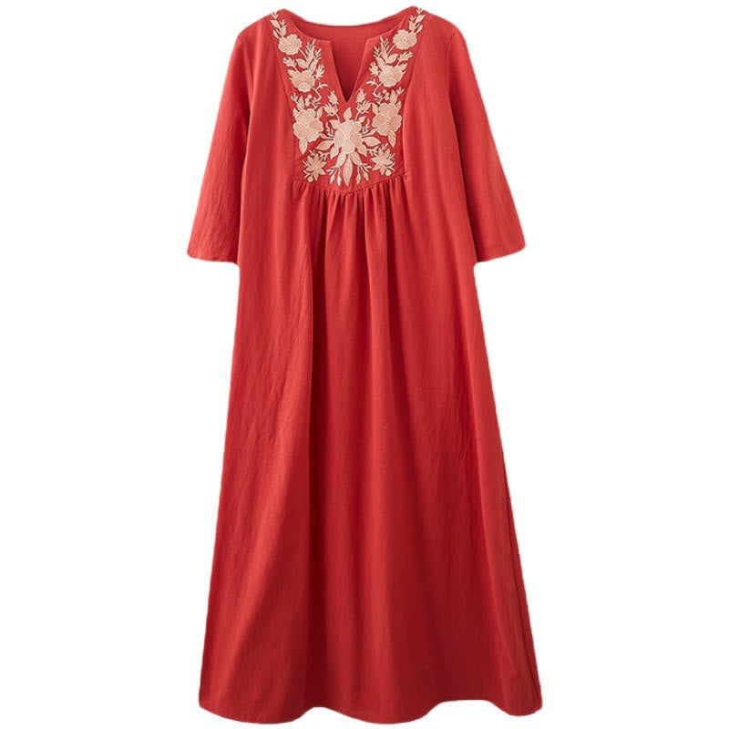Nimara Ritual Casual Bohemia Embroidery Floral Simple Design Three Quarter Sleeve V-Neck Cotton Linen Maxi Dress