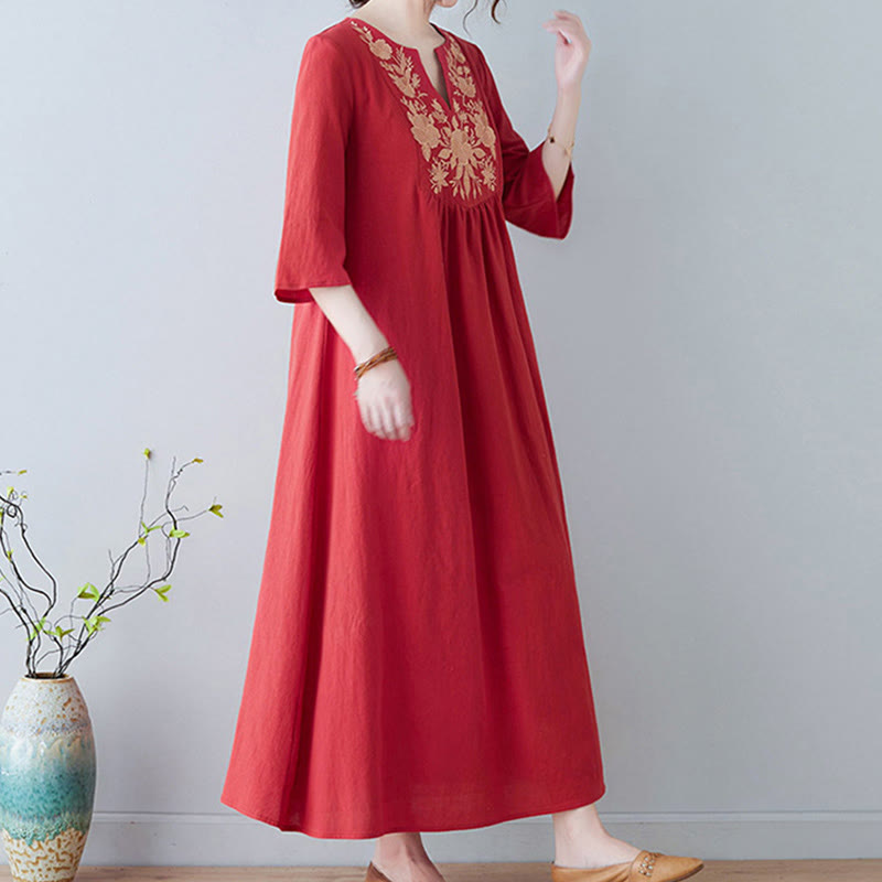 Nimara Ritual Casual Bohemia Embroidery Floral Simple Design Three Quarter Sleeve V-Neck Cotton Linen Maxi Dress