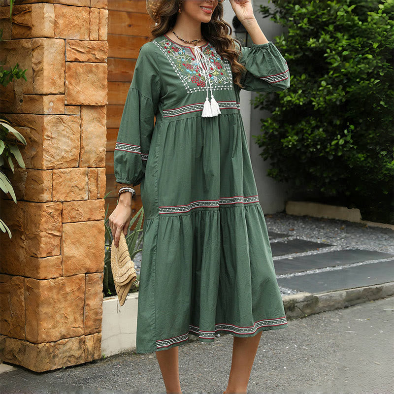 Nimara Ritual DarkGreen Retro Ethnic Embroidery Long Lantern Sleeve Linen Cotton Midi Dress