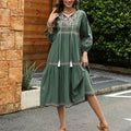 Nimara Ritual DarkGreen Retro Ethnic Embroidery Long Lantern Sleeve Linen Cotton Midi Dress