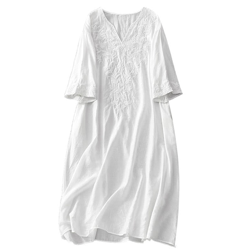 Nimara Ritual Summer White Pure Color Embroidery Leaf Flower V-Neck Short Sleeve Midi Dress With Pockets