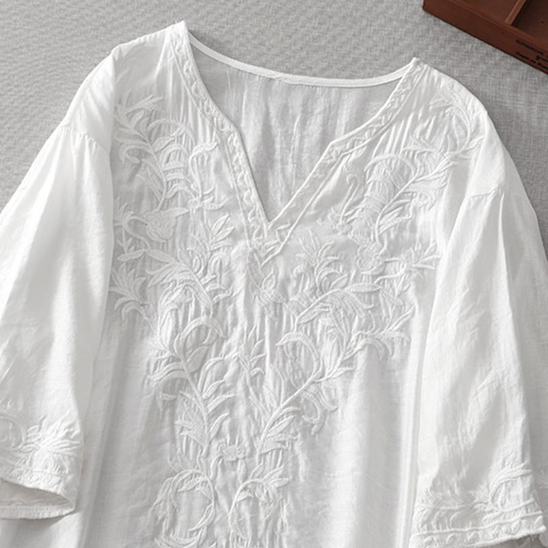 Nimara Ritual Summer White Pure Color Embroidery Leaf Flower V-Neck Short Sleeve Midi Dress With Pockets