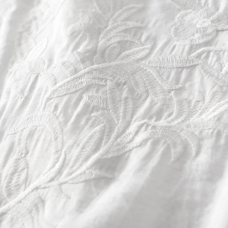 Nimara Ritual Summer White Pure Color Embroidery Leaf Flower V-Neck Short Sleeve Midi Dress With Pockets