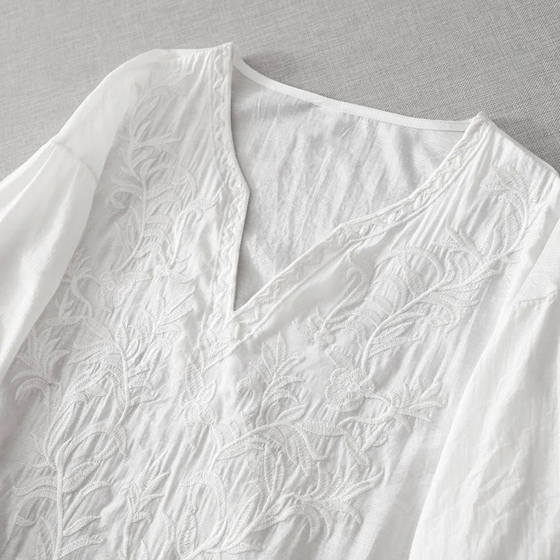 Nimara Ritual Summer White Pure Color Embroidery Leaf Flower V-Neck Short Sleeve Midi Dress With Pockets