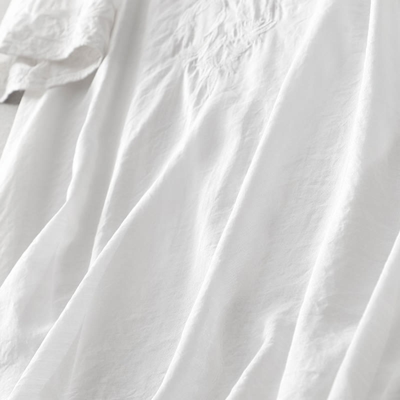 Nimara Ritual Summer White Pure Color Embroidery Leaf Flower V-Neck Short Sleeve Midi Dress With Pockets