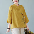 Nimara Ritual Vintage Summer Stereoscopic Flower Embroidery Three Quarter Sleeve Frog-Button Cotton Linen Women's Shirt