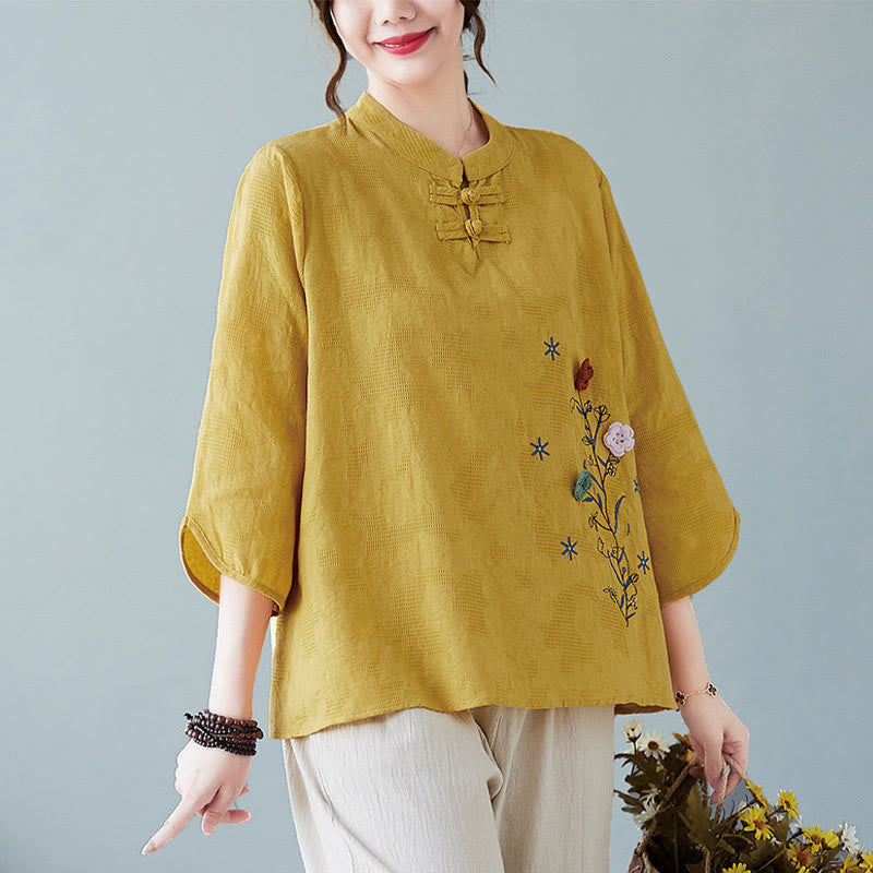 Nimara Ritual Vintage Summer Stereoscopic Flower Embroidery Three Quarter Sleeve Frog-Button Cotton Linen Women's Shirt