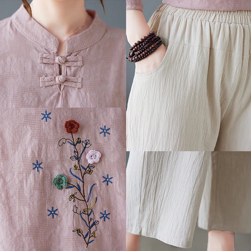 Nimara Ritual Vintage Summer Stereoscopic Flower Embroidery Three Quarter Sleeve Frog-Button Cotton Linen Women's Shirt