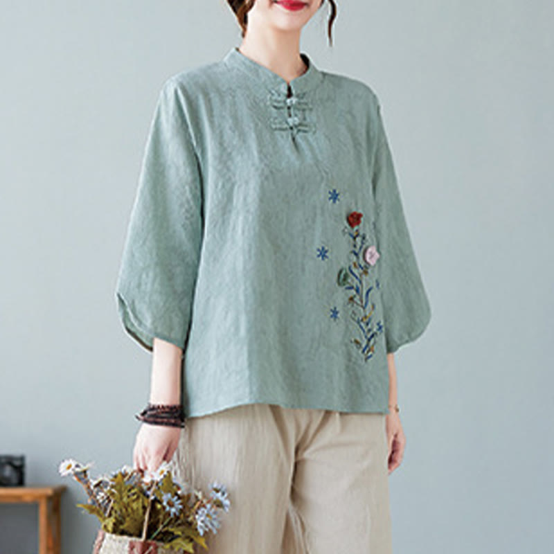 Nimara Ritual Vintage Summer Stereoscopic Flower Embroidery Three Quarter Sleeve Frog-Button Cotton Linen Women's Shirt
