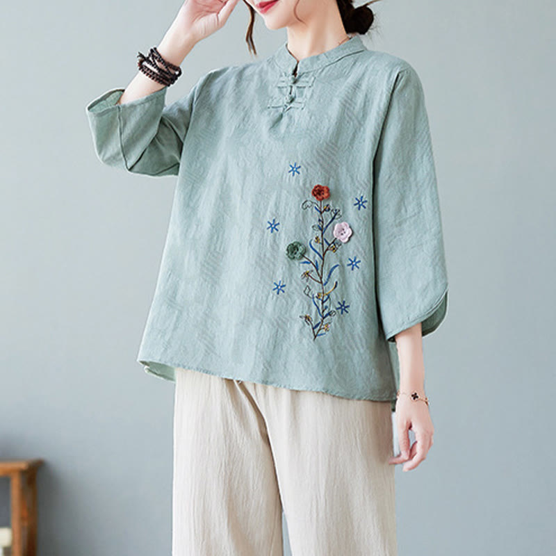 Nimara Ritual Vintage Summer Stereoscopic Flower Embroidery Three Quarter Sleeve Frog-Button Cotton Linen Women's Shirt