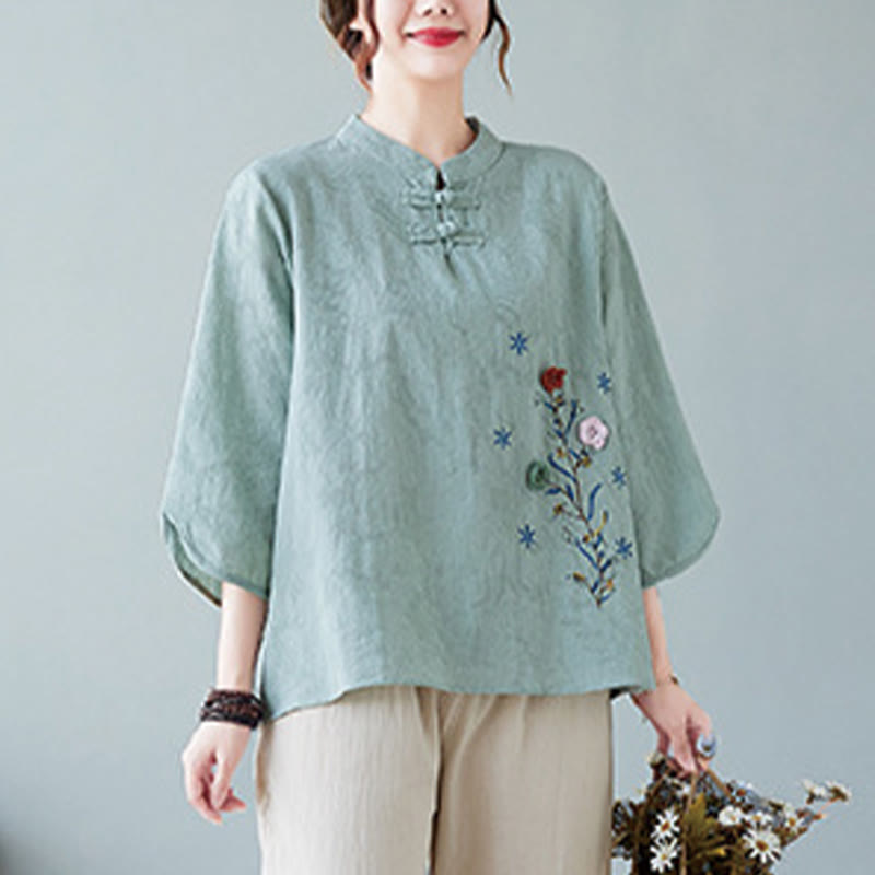 Nimara Ritual Vintage Summer Stereoscopic Flower Embroidery Three Quarter Sleeve Frog-Button Cotton Linen Women's Shirt