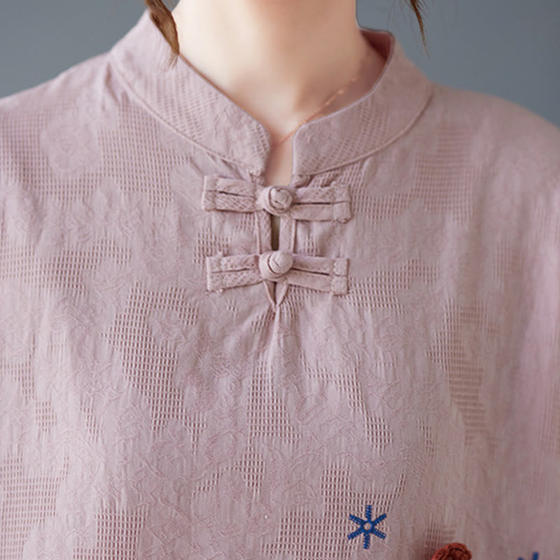 Nimara Ritual Vintage Summer Stereoscopic Flower Embroidery Three Quarter Sleeve Frog-Button Cotton Linen Women's Shirt