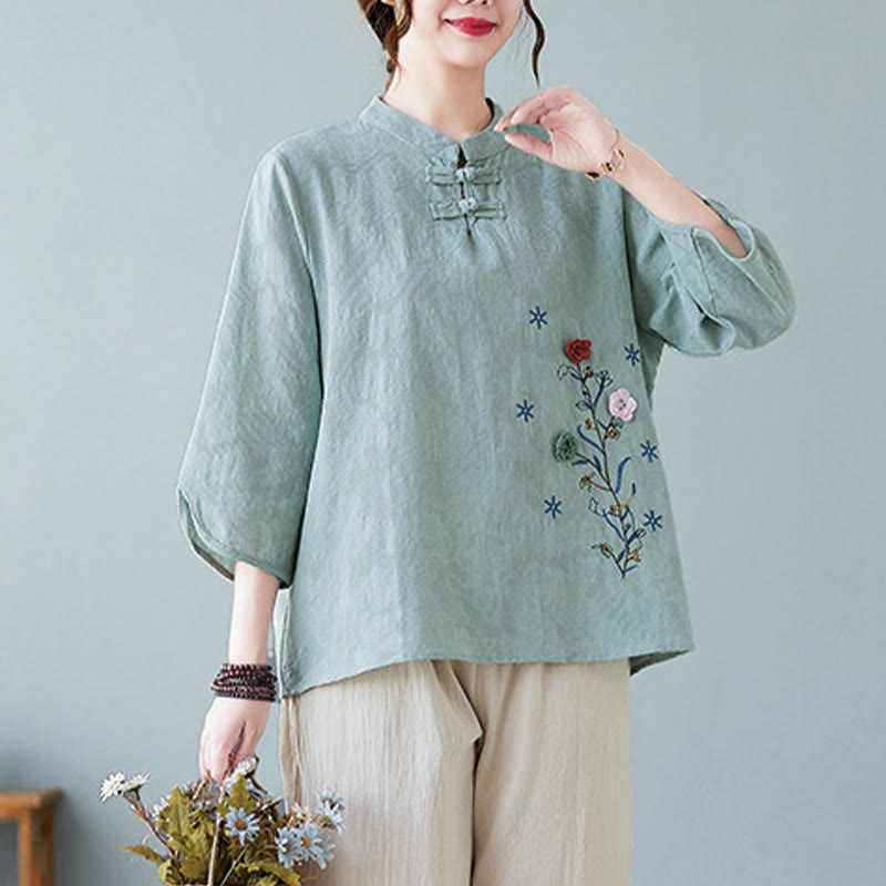 Nimara Ritual Vintage Summer Stereoscopic Flower Embroidery Three Quarter Sleeve Frog-Button Cotton Linen Women's Shirt