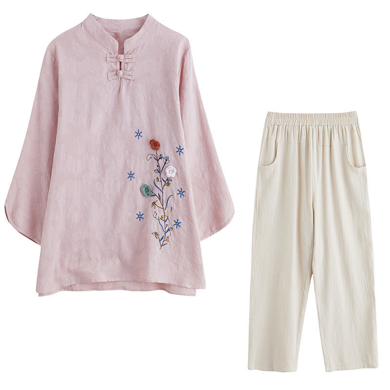 Nimara Ritual Vintage Summer Stereoscopic Flower Embroidery Three Quarter Sleeve Frog-Button Cotton Linen Women's Shirt