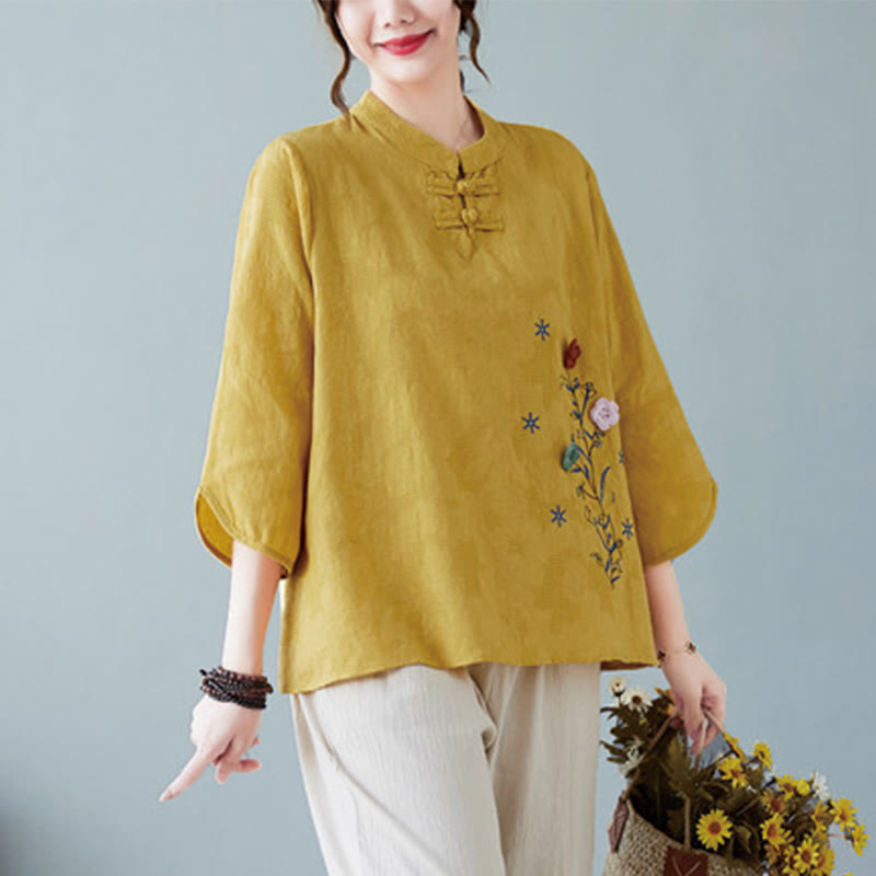 Nimara Ritual Vintage Summer Stereoscopic Flower Embroidery Three Quarter Sleeve Frog-Button Cotton Linen Women's Shirt