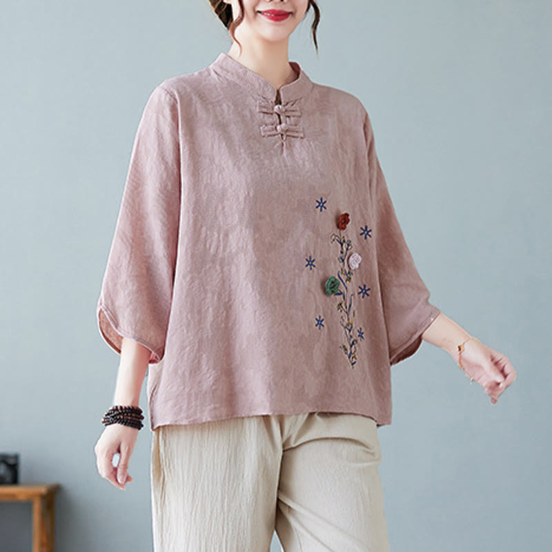 Nimara Ritual Vintage Summer Stereoscopic Flower Embroidery Three Quarter Sleeve Frog-Button Cotton Linen Women's Shirt