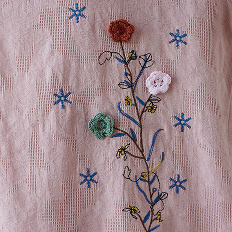Nimara Ritual Vintage Summer Stereoscopic Flower Embroidery Three Quarter Sleeve Frog-Button Cotton Linen Women's Shirt