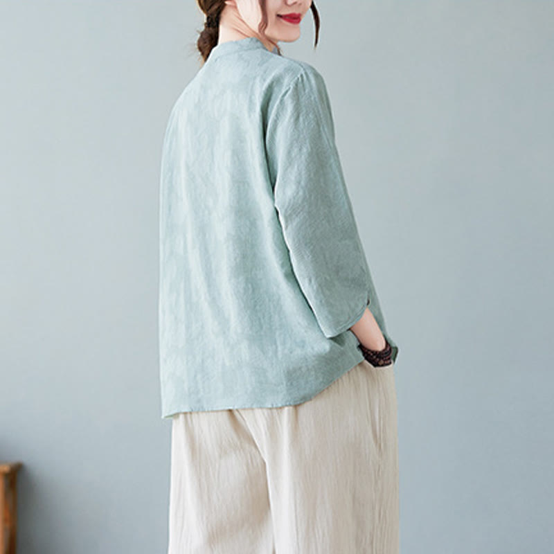 Nimara Ritual Vintage Summer Stereoscopic Flower Embroidery Three Quarter Sleeve Frog-Button Cotton Linen Women's Shirt