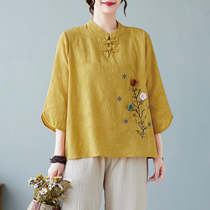 Nimara Ritual Vintage Summer Stereoscopic Flower Embroidery Three Quarter Sleeve Frog-Button Cotton Linen Women's Shirt
