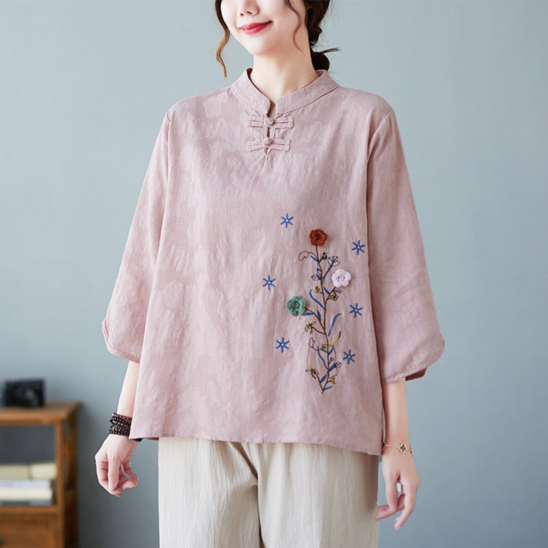 Nimara Ritual Vintage Summer Stereoscopic Flower Embroidery Three Quarter Sleeve Frog-Button Cotton Linen Women's Shirt