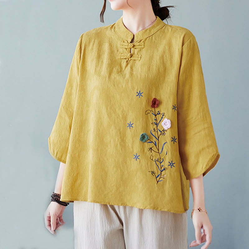 Nimara Ritual Vintage Summer Stereoscopic Flower Embroidery Three Quarter Sleeve Frog-Button Cotton Linen Women's Shirt