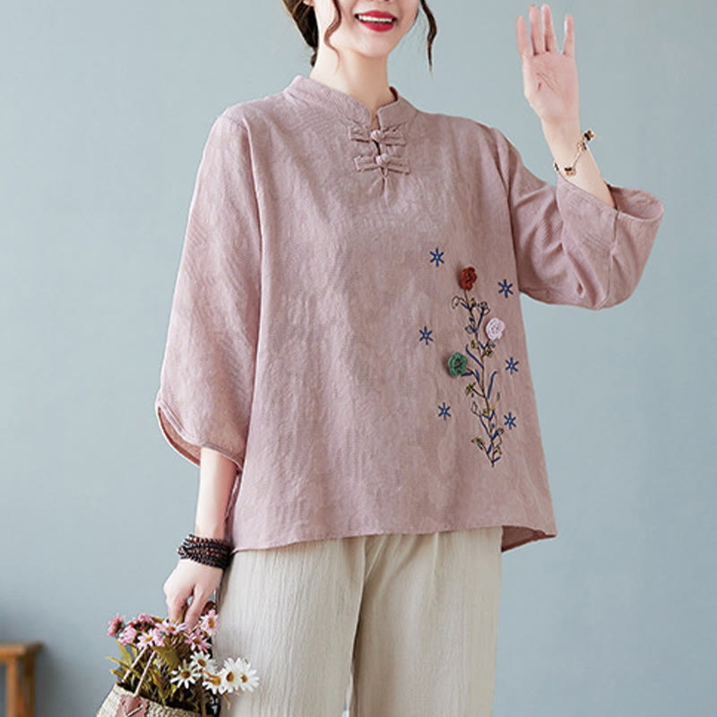 Nimara Ritual Vintage Summer Stereoscopic Flower Embroidery Three Quarter Sleeve Frog-Button Cotton Linen Women's Shirt