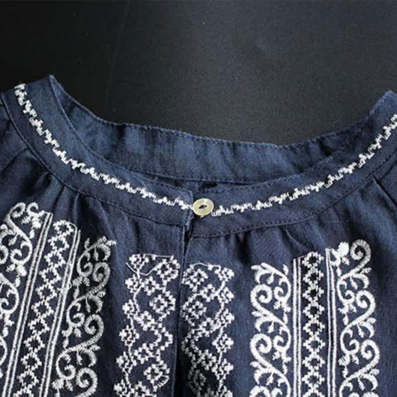 Nimara Ritual Ethnic Embroidery Bohemian Pattern Long Sleeve Crew Neck Women's Shirt