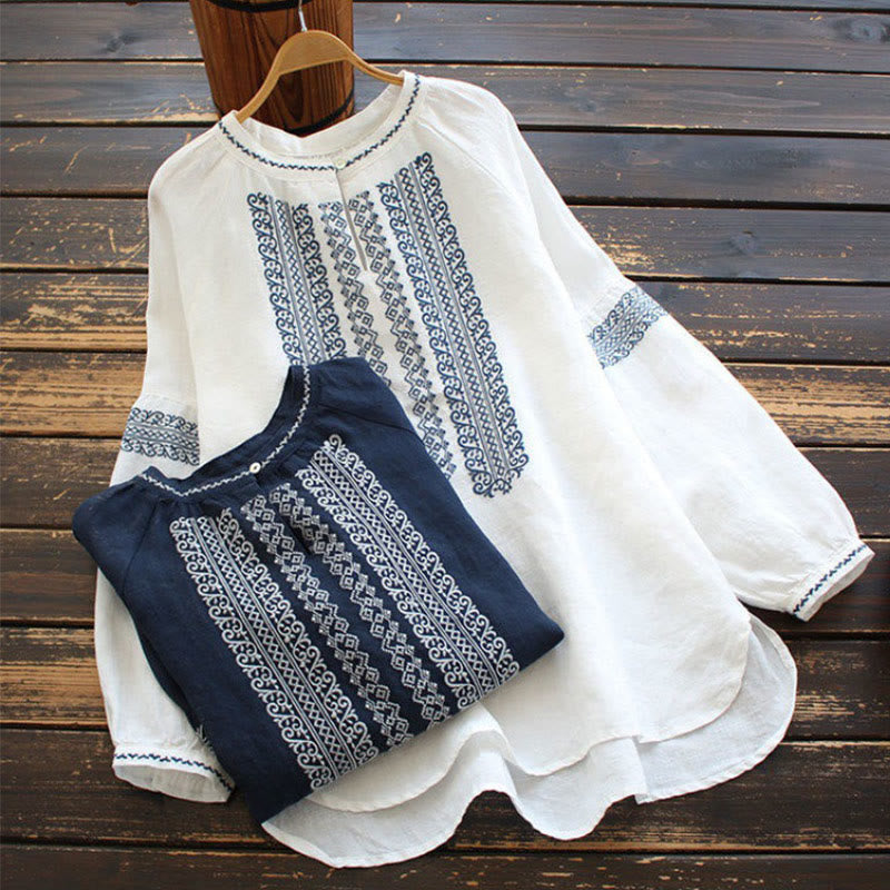 Nimara Ritual Ethnic Embroidery Bohemian Pattern Long Sleeve Crew Neck Women's Shirt