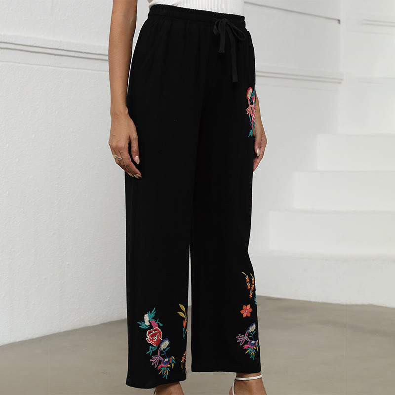 Nimara Ritual Black Summer Plain Ethnic Embroidery Cotton Linen Drawstring Women's Pants With Pockets