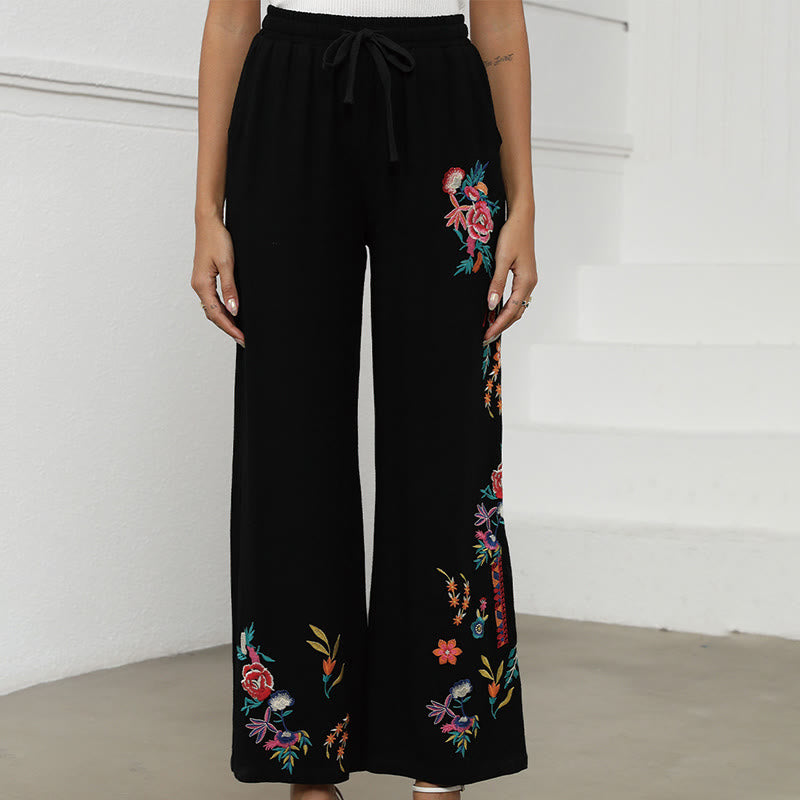 Nimara Ritual Black Summer Plain Ethnic Embroidery Cotton Linen Drawstring Women's Pants With Pockets