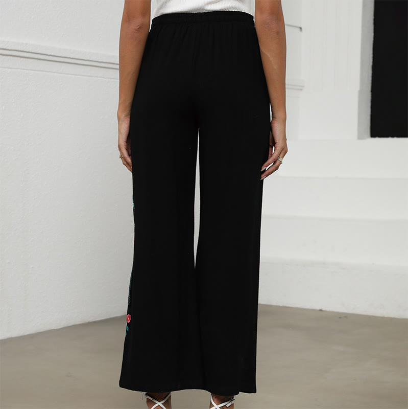Nimara Ritual Black Summer Plain Ethnic Embroidery Cotton Linen Drawstring Women's Pants With Pockets
