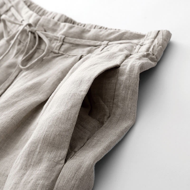 Nimara Ritual Summer Plain Color Ankle-Length Drawstring Cotton Linen Women's Wide Leg Pants With Pockets Zipper