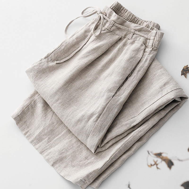 Nimara Ritual Summer Plain Color Ankle-Length Drawstring Cotton Linen Women's Wide Leg Pants With Pockets Zipper