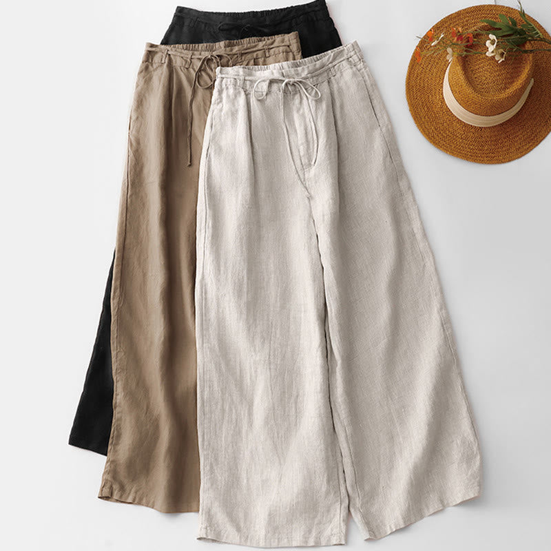 Nimara Ritual Summer Plain Color Ankle-Length Drawstring Cotton Linen Women's Wide Leg Pants With Pockets Zipper