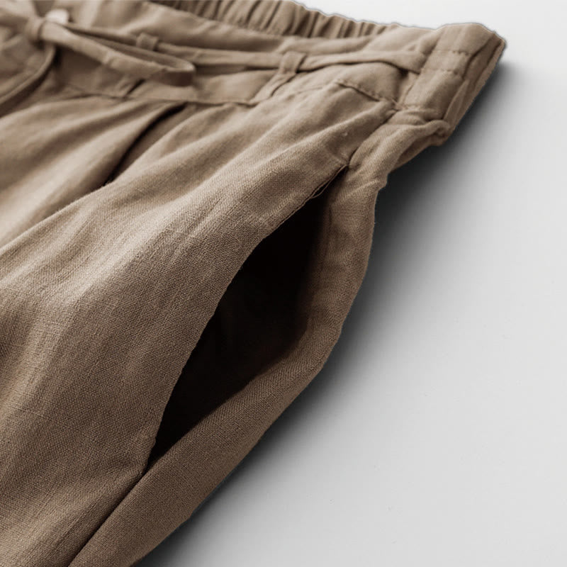 Nimara Ritual Summer Plain Color Ankle-Length Drawstring Cotton Linen Women's Wide Leg Pants With Pockets Zipper