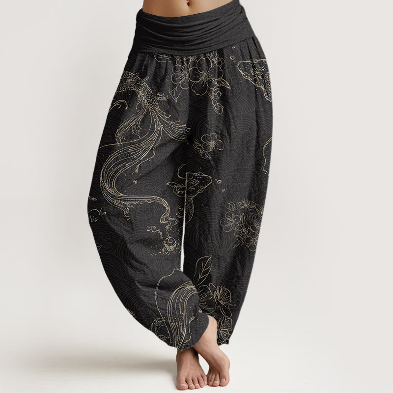 Nimara Ritual Cotton Koi Fish Floral Pattern Women's Elastic Waist Harem Pants