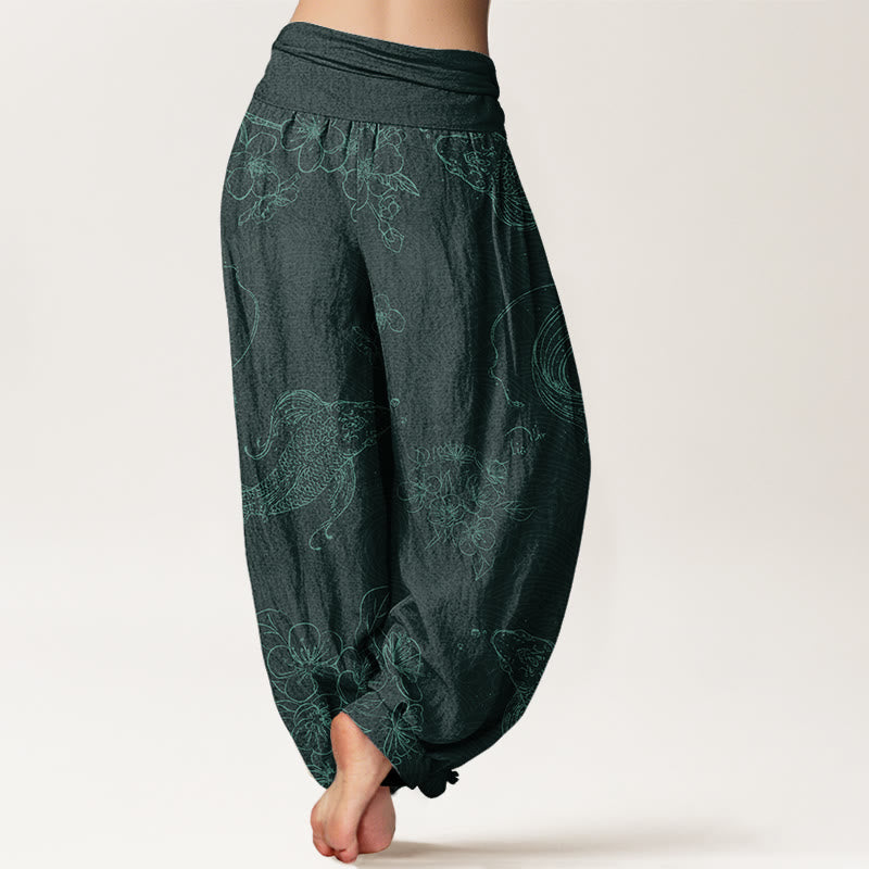 Nimara Ritual Cotton Koi Fish Floral Pattern Women's Elastic Waist Harem Pants