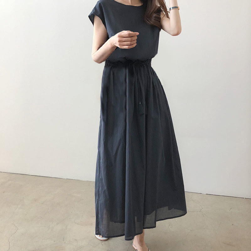 Nimara Ritual Casual Eastic Waist Drawstring Design Short Sleeve Midi Dress